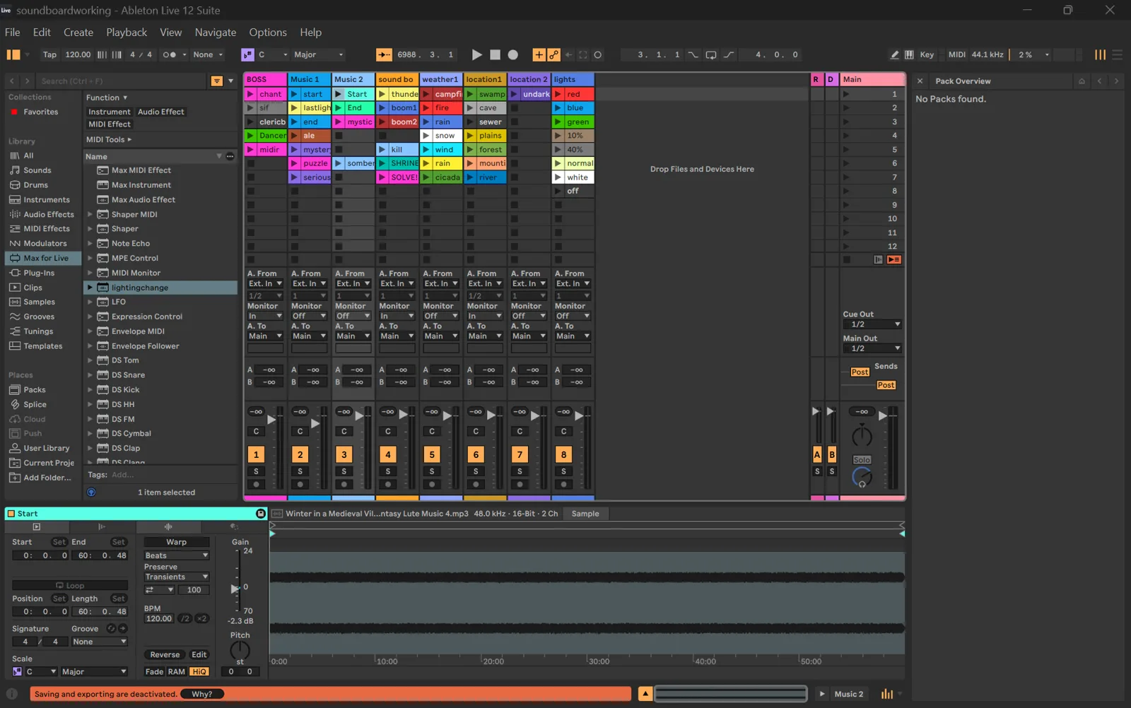 Ableton Live session with eight tracks of clips