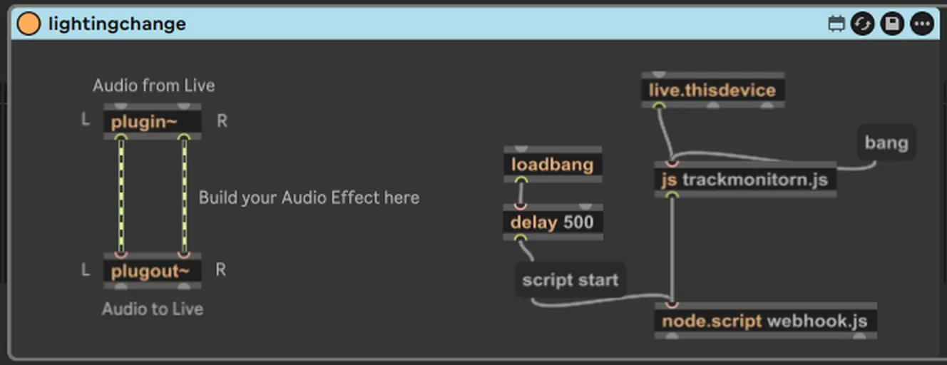 The Max for Live patch wiring the two scripts together
