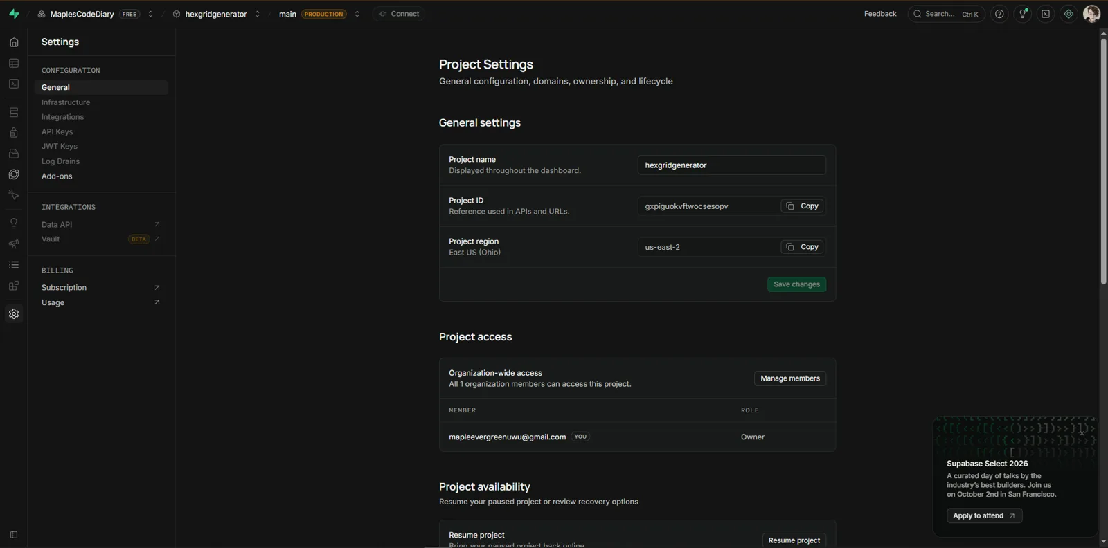 Supabase project settings for the hex grid generator