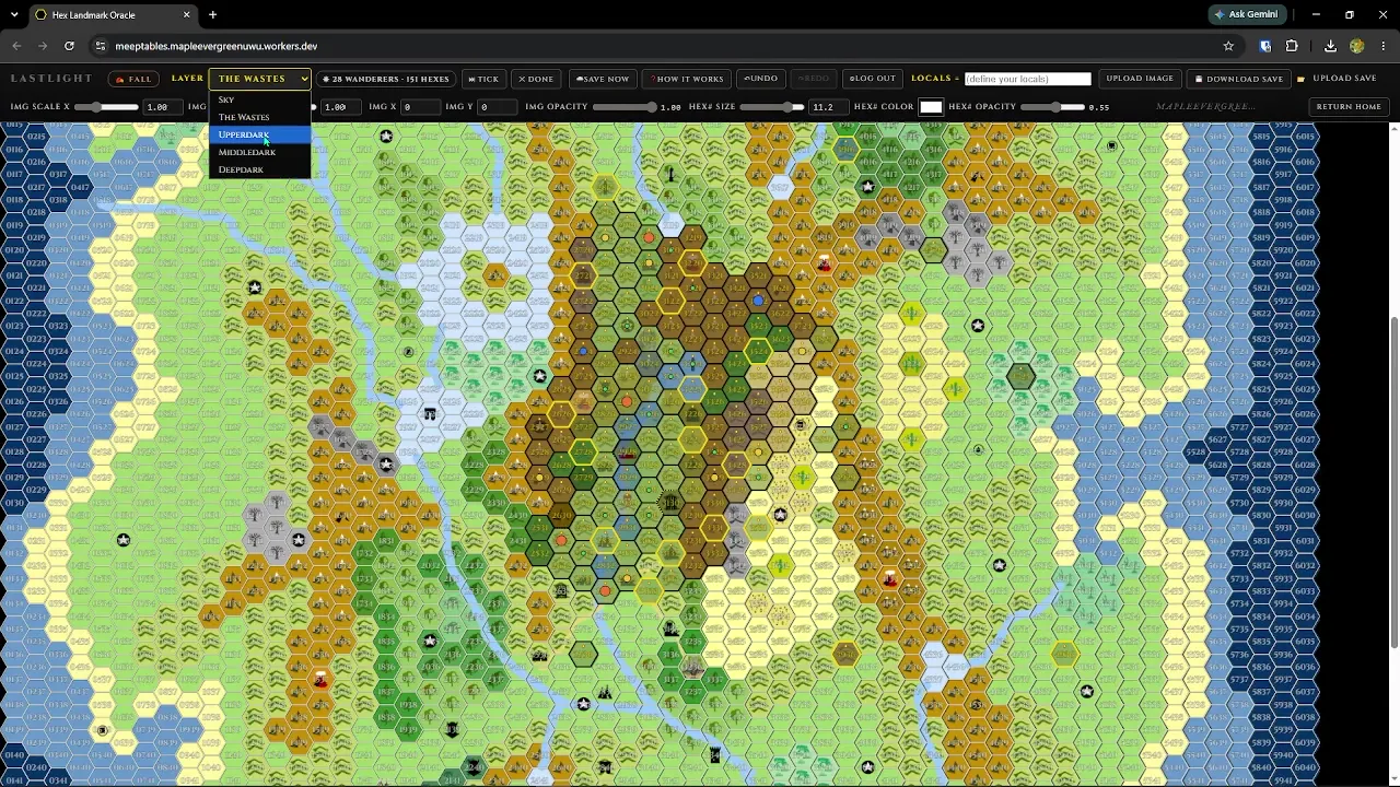 A colorful hex map of the game world