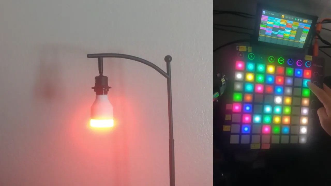 Split screen: a smart bulb glowing red next to the Launchpad